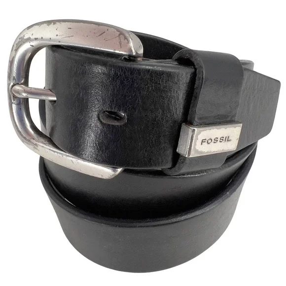 Fossil Mens Black‎ Leather Belt Silver Logo Buckle Size L fits 31-36  Rugged