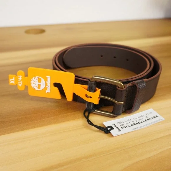 NEW Timberland‎ Belt Mens XL 42/44 Brown Full Grain Leather Solid Brass Buckle