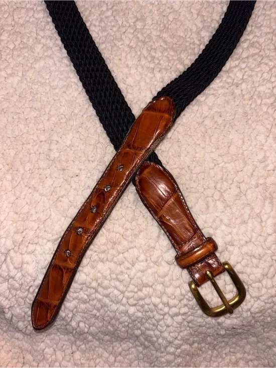 Brighton Black Woven Belt Cognac Croc Leather Golden Brass Buckle 36