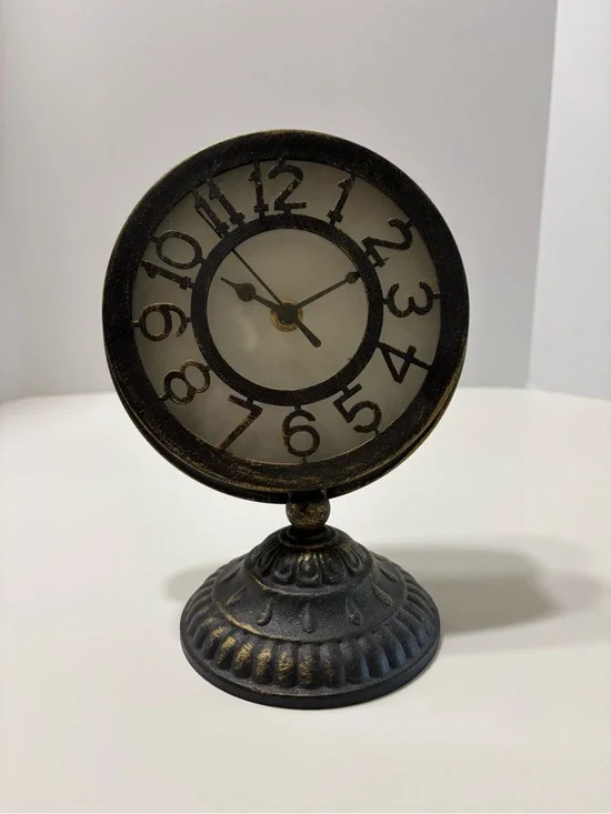 T.J.Maxx Round Bronze Table Clock with antique gold hands and weathered look