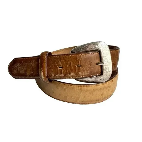 Ostrich Leather Belt Exotic‎ Brown Tan Vintage Distressed Western Silver Mens 40