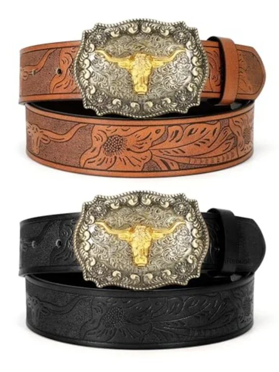 2 Pack PU Leather Cowboy Belts with Tool-Free Swap