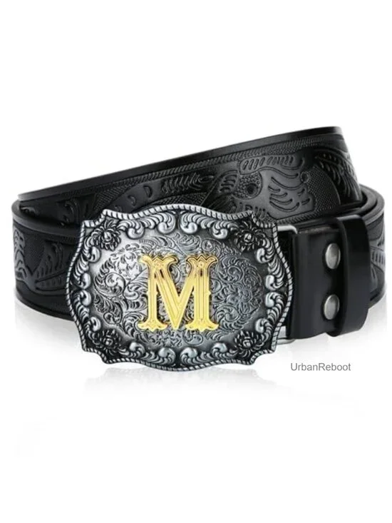 Men's Faux Leather Cowboy Belt with Gold Big Buckle - Western Style