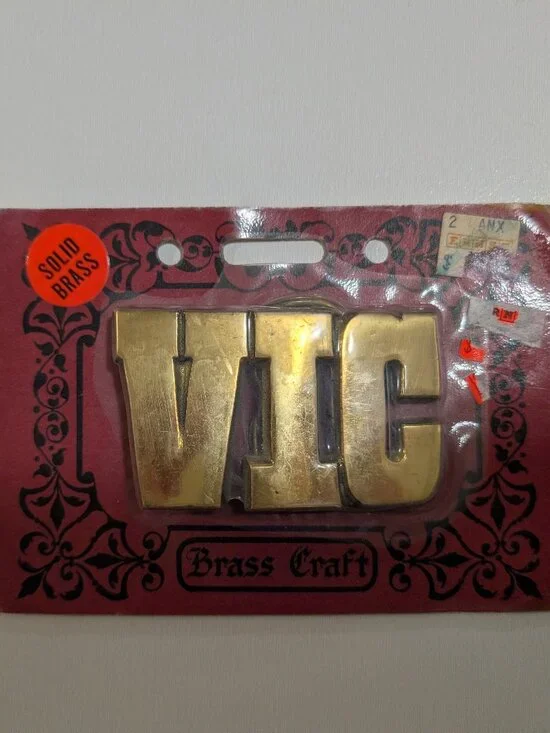 Vintage 1970s Brass Craft Solid Brass VIC Initial Belt Buckle NOS Factory Sealed
