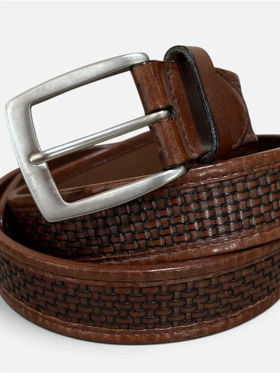 Tommy Bahama Brown Woven Leather Belt with Brushed Silver Buckle