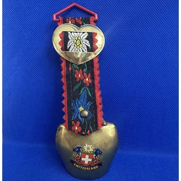 Vintage Floral Switzerland Gold Tone Metal Cow Bell with Floral‎ Heart Ribbon