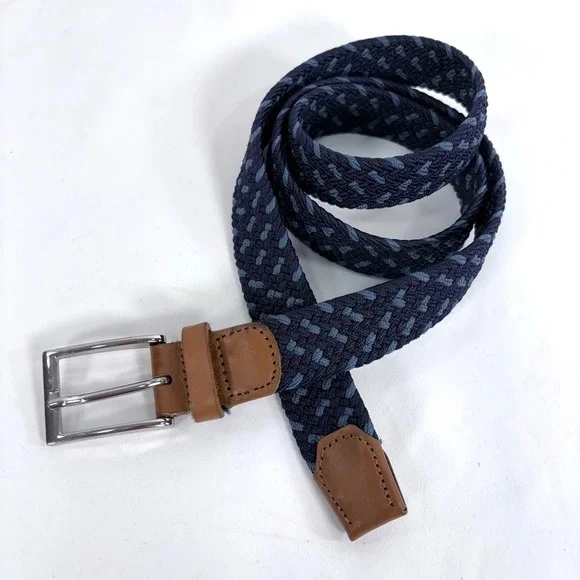 J.Crew Woven Belt Navy Blue Brown Leather Trim Silver Buckle Large