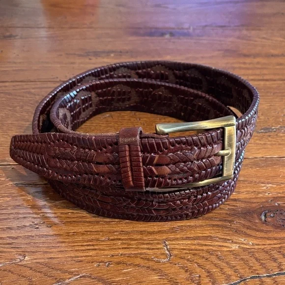 Brown Leather Woven Belt Tapered End Solid Brass Made in Italy Buckle Size 38