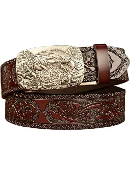 Genuine Leather Men's Ratchet Belt with 3D Eagle Sliding Buckle, Vintage