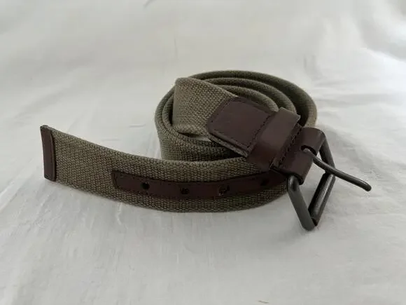Cotton Leather Belt 40 Brown Trim Military Style Buckle Army Green Beige Webbed