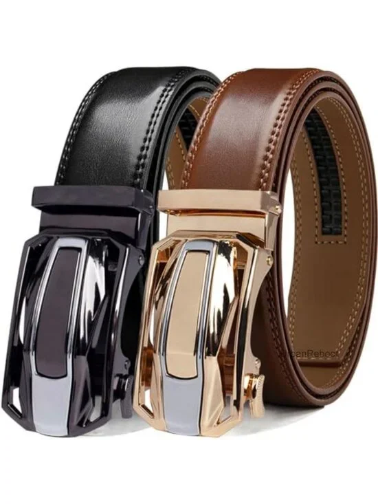 2-Pack Men's Ratchet Leather Belt Set - Adjustable Sliding Buckle, Cut for Fit,