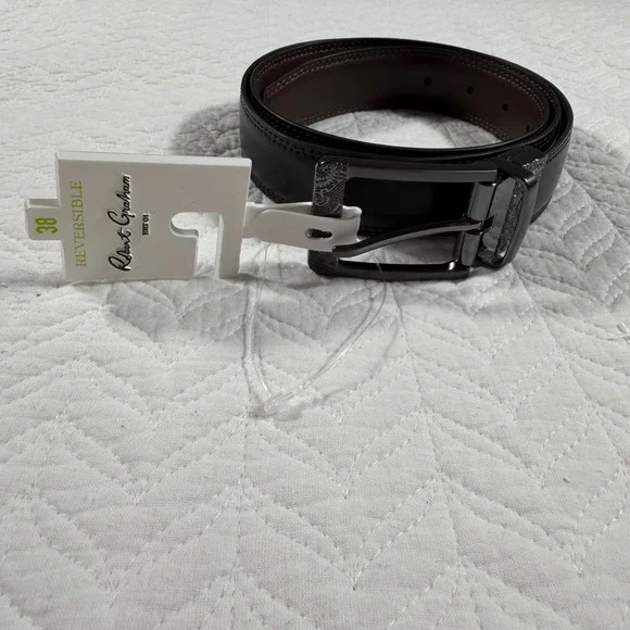 Robert Graham Reversible Leather Belt Mens Sz 38 Black Brown Paisley Buckle‎ NWT
