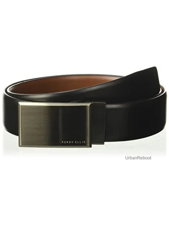 Men's 100% Bonded Leather Reversible Belt with Silver Plaque Buckle