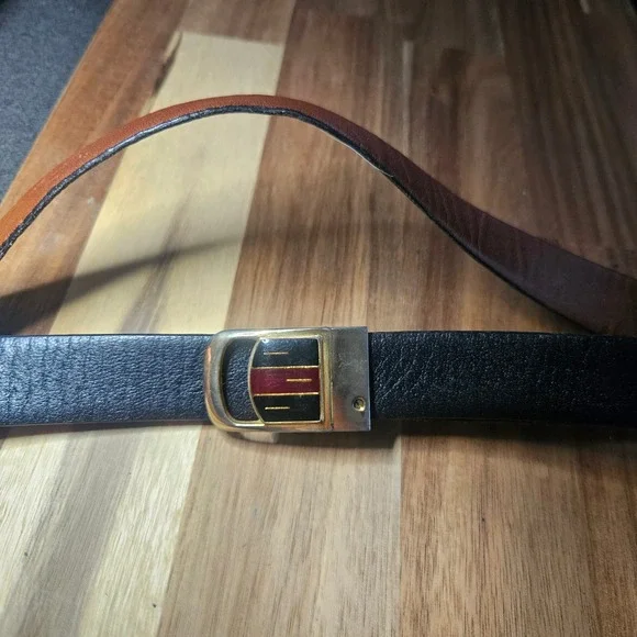Vintage Reversible Belt Made in Spain Black Brown Gold Shield Buckle 36