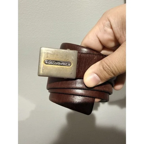 Yves Saint Laurent Vintage Men's Leather Belt Logo Buckle Brown RARE. 41