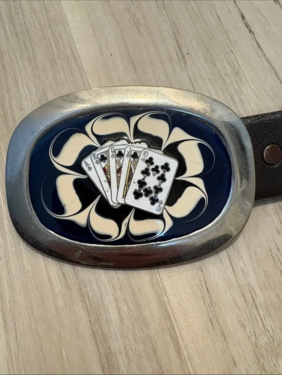 Vtg Mellow Tanned Split Leather Belt Poker Playing Cards Enamel Buckle Size 40