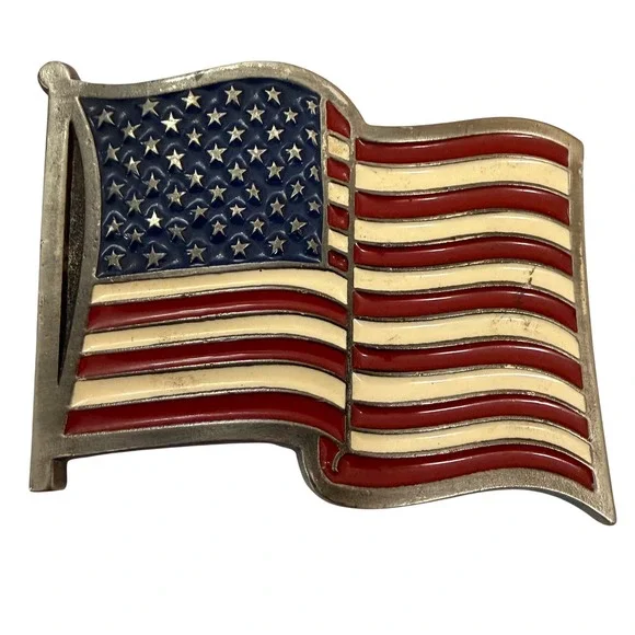 Vintage American Flag Belt Buckle Patriotic Red White Blue Enamel Waving 2155