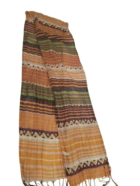 Boho Crinkle Scarf Orange Brown Green Geometric Tribal Fringe Lagenlook 70