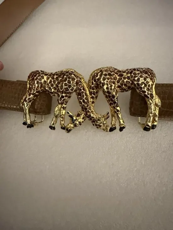 VTT Mimi Di N Golden Enameled Double Giraffes Interlocking Belt Buckle 1992