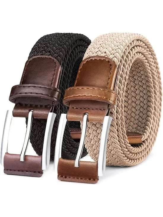 Woven Braided Stretch Web Belt 2-Pack for Men - Adjustable, Gift Boxed