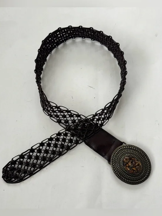 Vintage Y2K Woven Leather Belt Ornate Stone Buckle Western Boho Braided Large L
