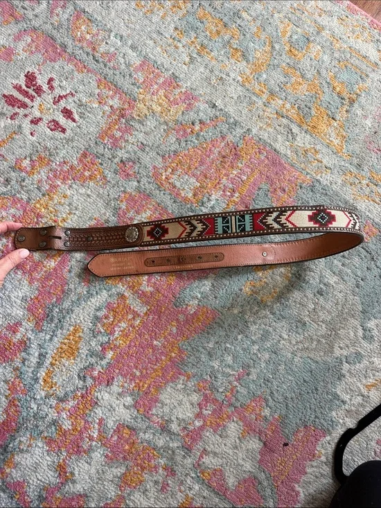 Ariat Brown Leather Belt with Turquoise & Red Embroidery