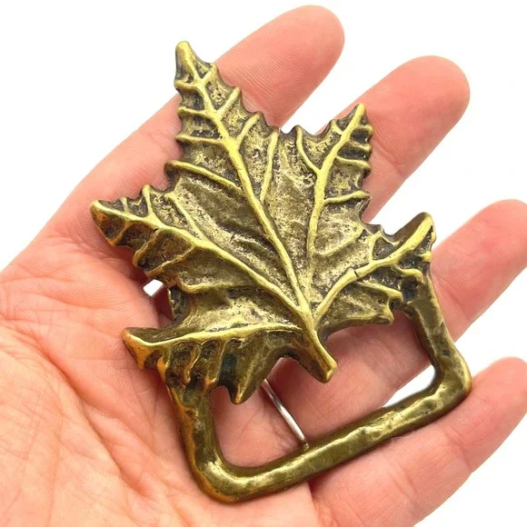 1970's Solid Brass Maple‎ Leaf Belt Buckle Vintage Rustic Western Style