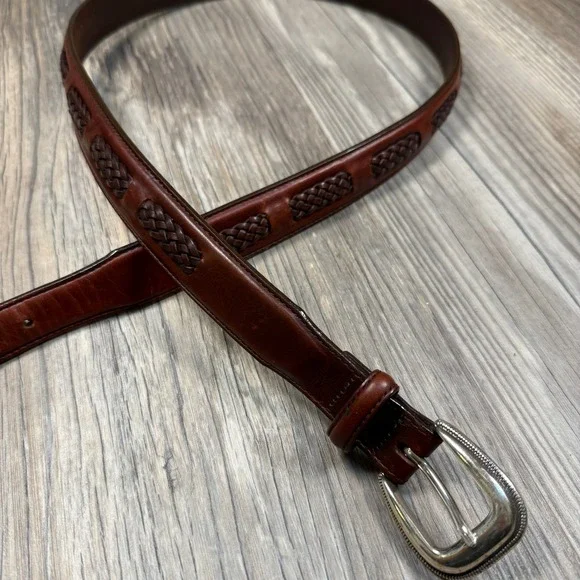 Brighton Brown Leather Woven Inset Americana Western Belt Silver Buckle‎ 42