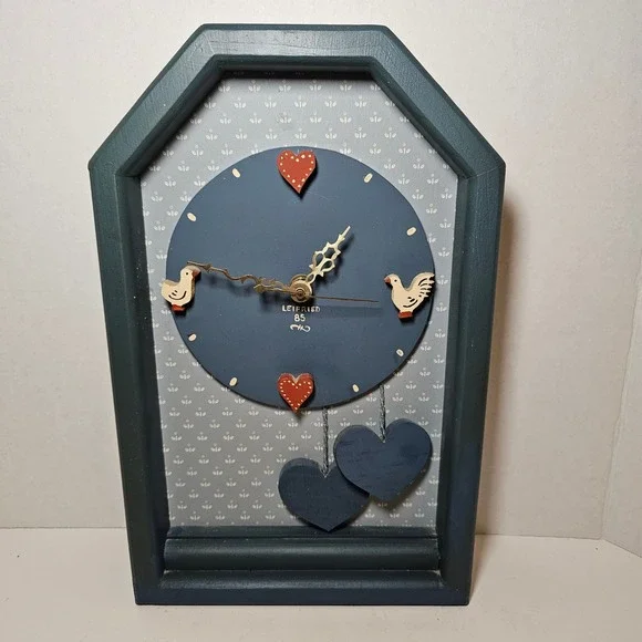 Vintage Wooden Wall‎ Clock Folk Art Hearts Chickens Country Blue Cottagecore