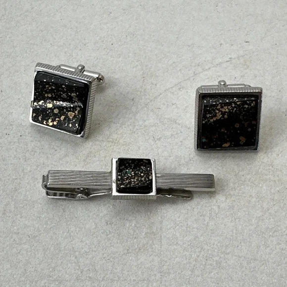 Vintage Anson Cufflinks & Tie Clip Set Silver Black Gold Turquoise Flakes