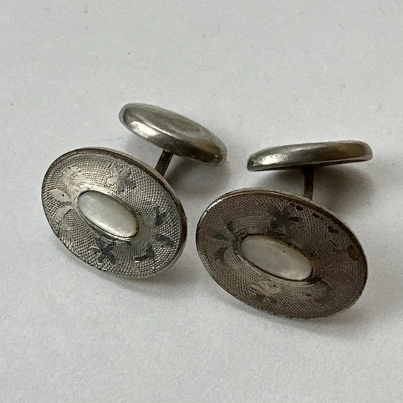 Vintage Cufflinks Mens Accessory Metal Floral Flowers & Mother of Pearl