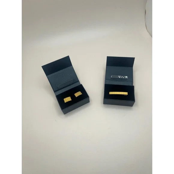 Brooks Brothers Gold Tone Basketweave Cufflinks and Tie Clip Set with Boxes