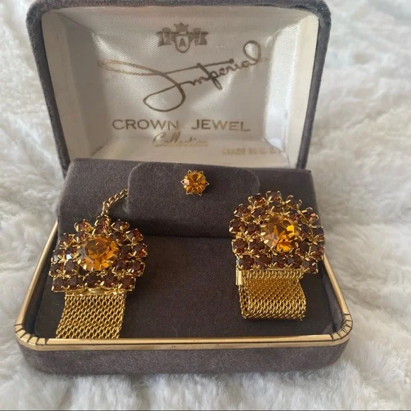 Imperial Crown Jewel Vintage Rhinestone Cuff Links & Tie Tac