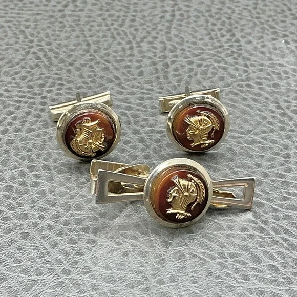 Vintage Mens Roman Warrior Cufflinks Tie Bar Set Gold‎ Tone Brown Cameo Cabochon