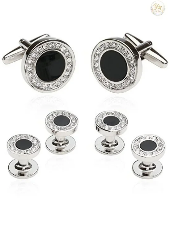 Black Onyx Crystal Silver Cufflinks & Studs Formal Set with Box