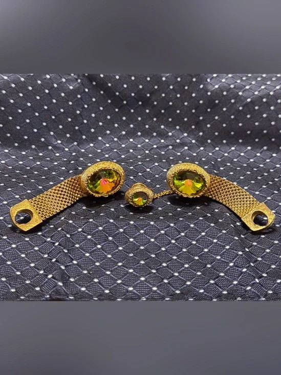 Gold-Tone Cuff Links with Olive-Green Crystal Centers