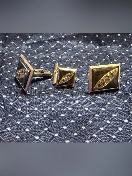 Men's Gold-Tone Engraved Cufflinks and Tie Clip Set