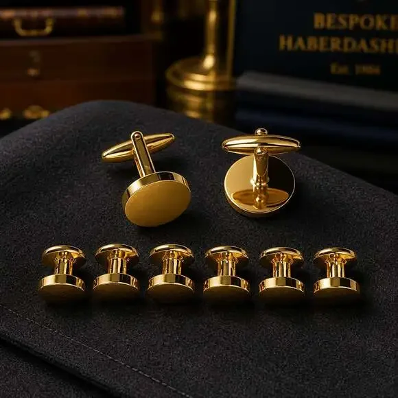 GWD Men's Gold Tone Stainless Steel Round Cufflinks and Tuxedo Shirt Studs Set