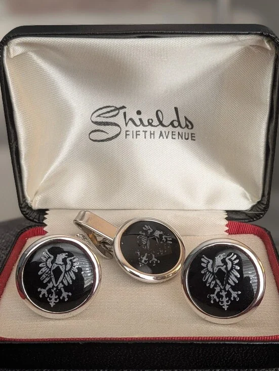 Vintage Shields Fifth Avenue Cufflinks & Tie Clip Set Black Eagle Original Box