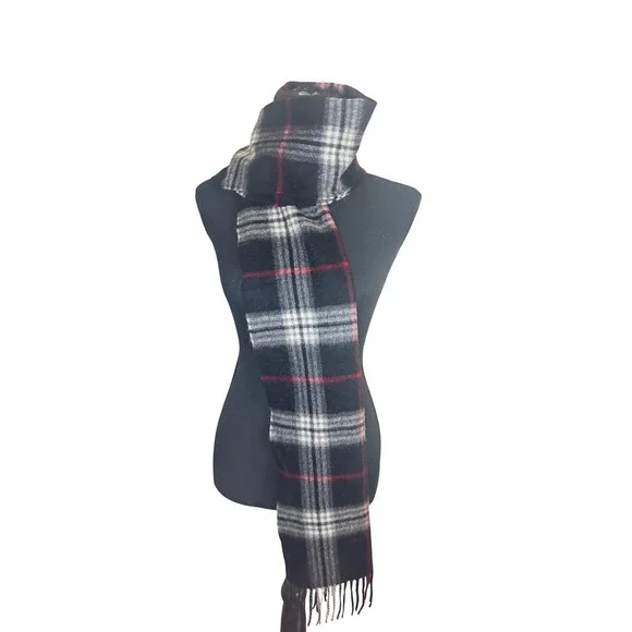 FRAAS‎ Luxury 100% Cashmere Plaid Scarf Black Red White Fringe OLDSTOCK