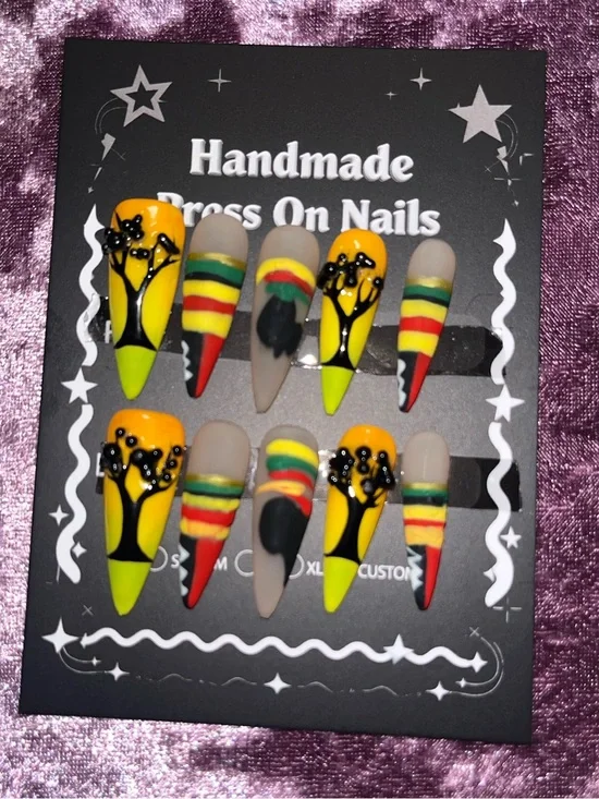 Handmade Press-On Nails in Yellow, Red & Green