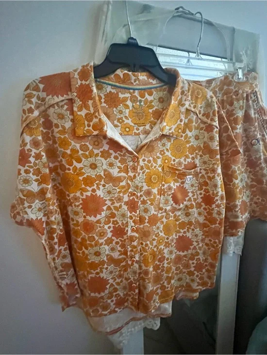 OP Floral Short-Sleeve Pajama Set in Orange and Cream