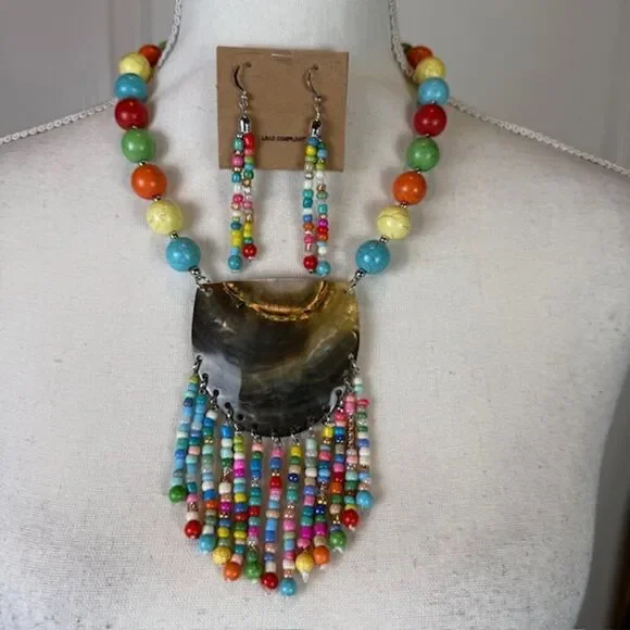 NWT Multicolor‎ Mother of Pearl See Bead Tassel Statement Necklace and Earrings
