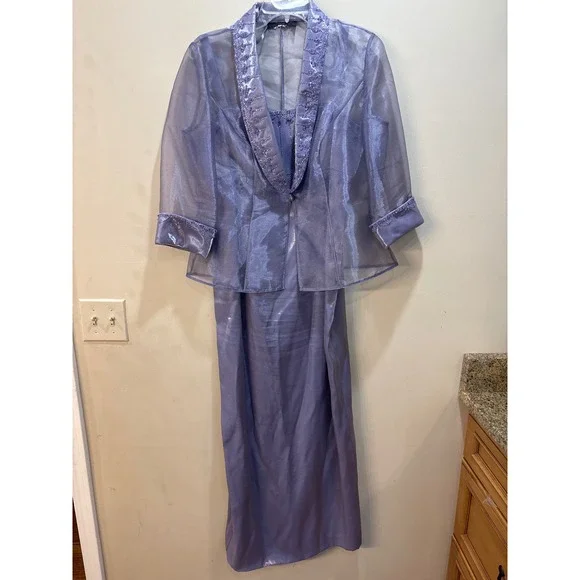 (READ) Alex Evenings 10P Lavender Shimmer Beaded Maxi Dress & Sheer Jacket Set
