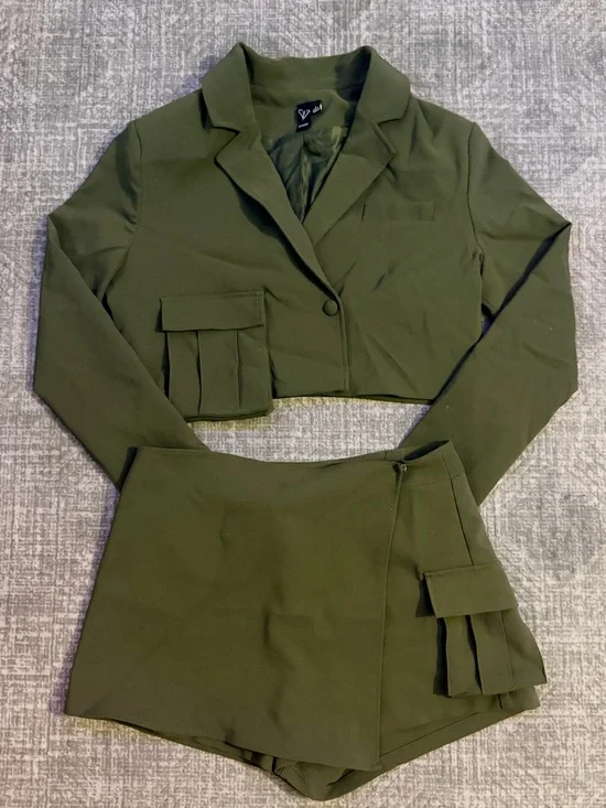 Windsor Olive Cropped Blazer and Matching Skort Set