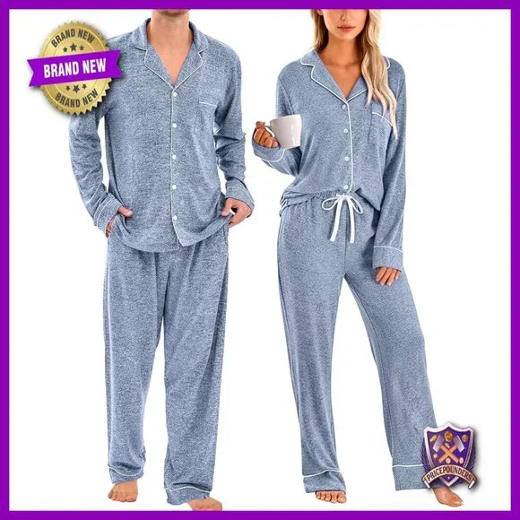Large Long Sleeve Button Down Pajama Set Soft Polyester Spandex Loungewear