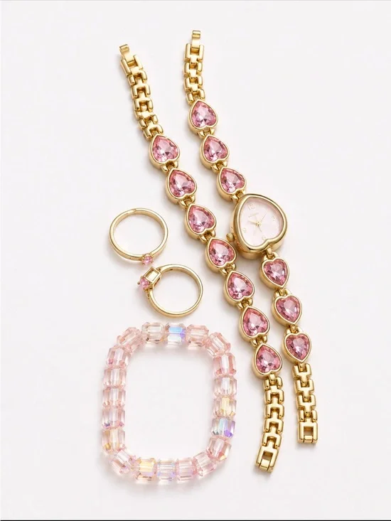 Gold-Tone Bracelet and Ring Jewelry Set with Pink Crystals