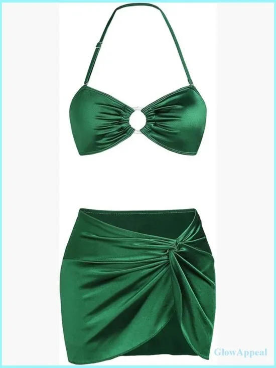 3 Piece Swim Set Ruched Velvet Bikini Sarong Coverup High Cut