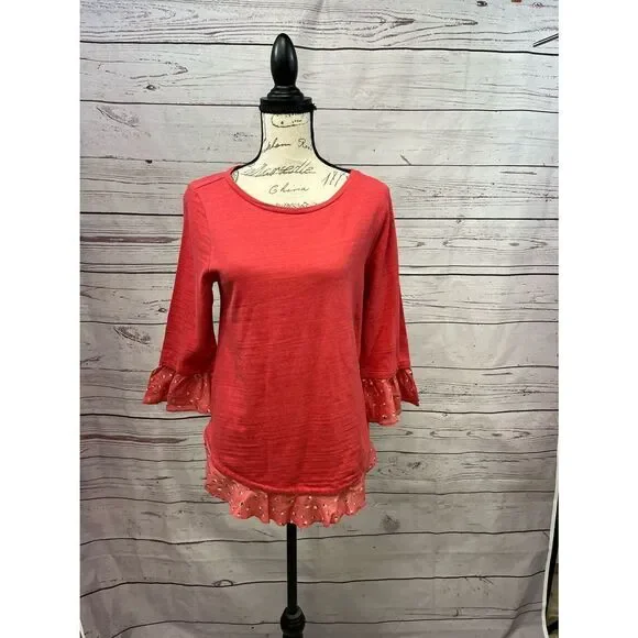 Loft Outlet Coral Pink Ruffle Hem 3/4 Sleeve  Top Small Floral‎ Trim Bell Cuff
