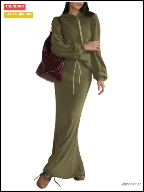 Women's 2 Piece Fleece Sweatsuit Set Long Sleeve Hoodie Maxi Skirt Lounge Outfit